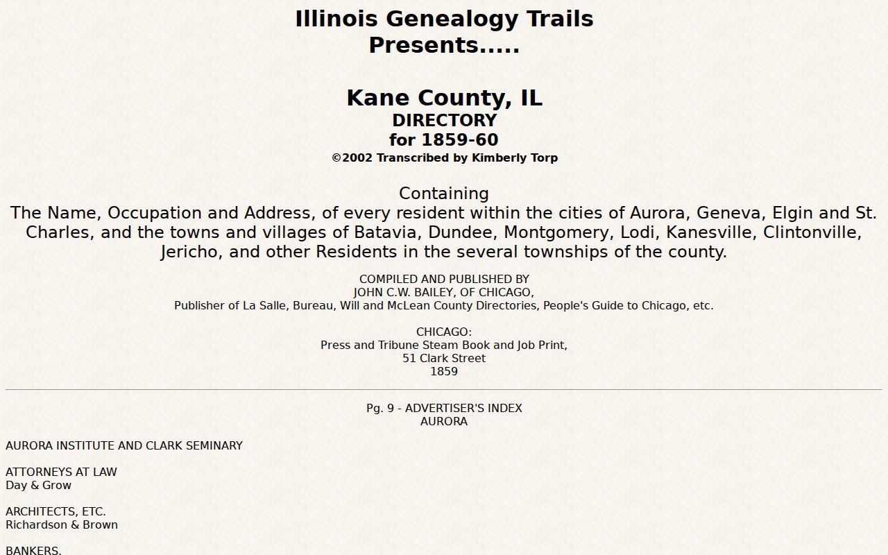 Transcription of the 1859 Kane County and Aurora directory