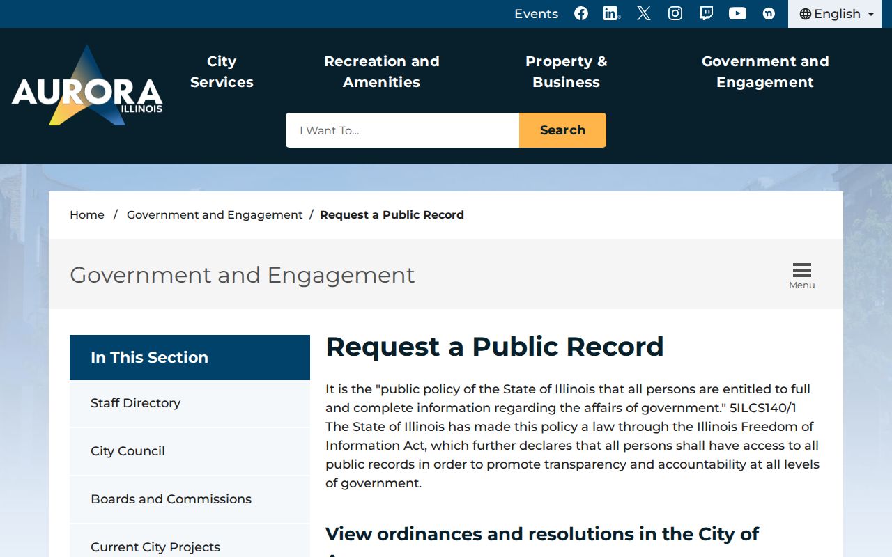 City of Aurora public records request routes under Illinois FOIA