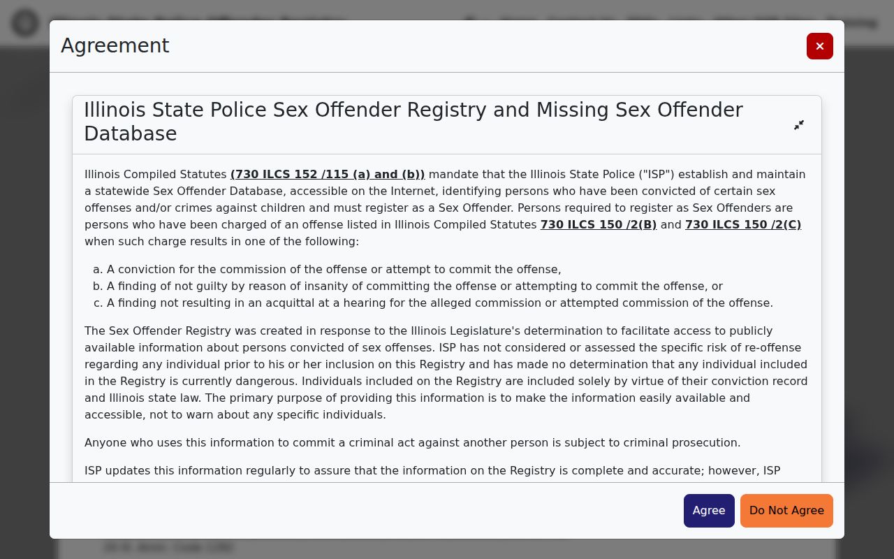 Illinois State Police registry search disclaimer used for Aurora checks