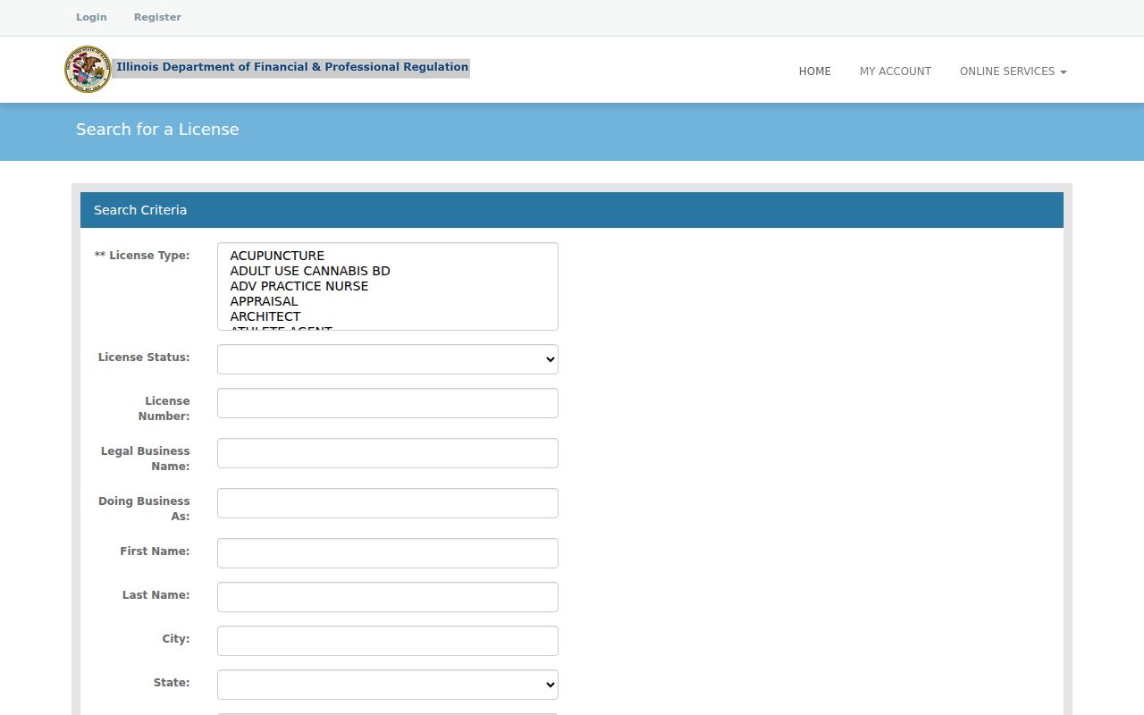 Illinois professional license lookup with Aurora search filters