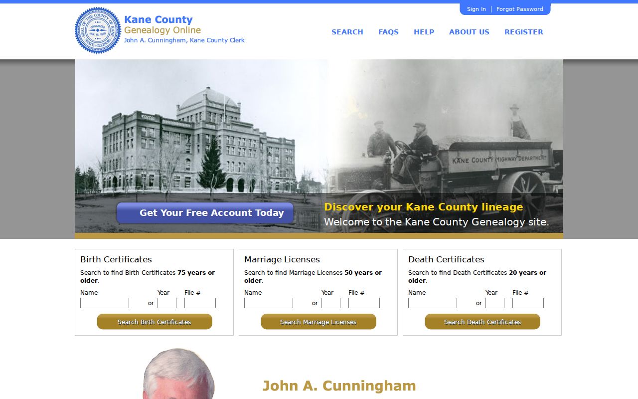 Kane County Clerk genealogy index for older Aurora vital records