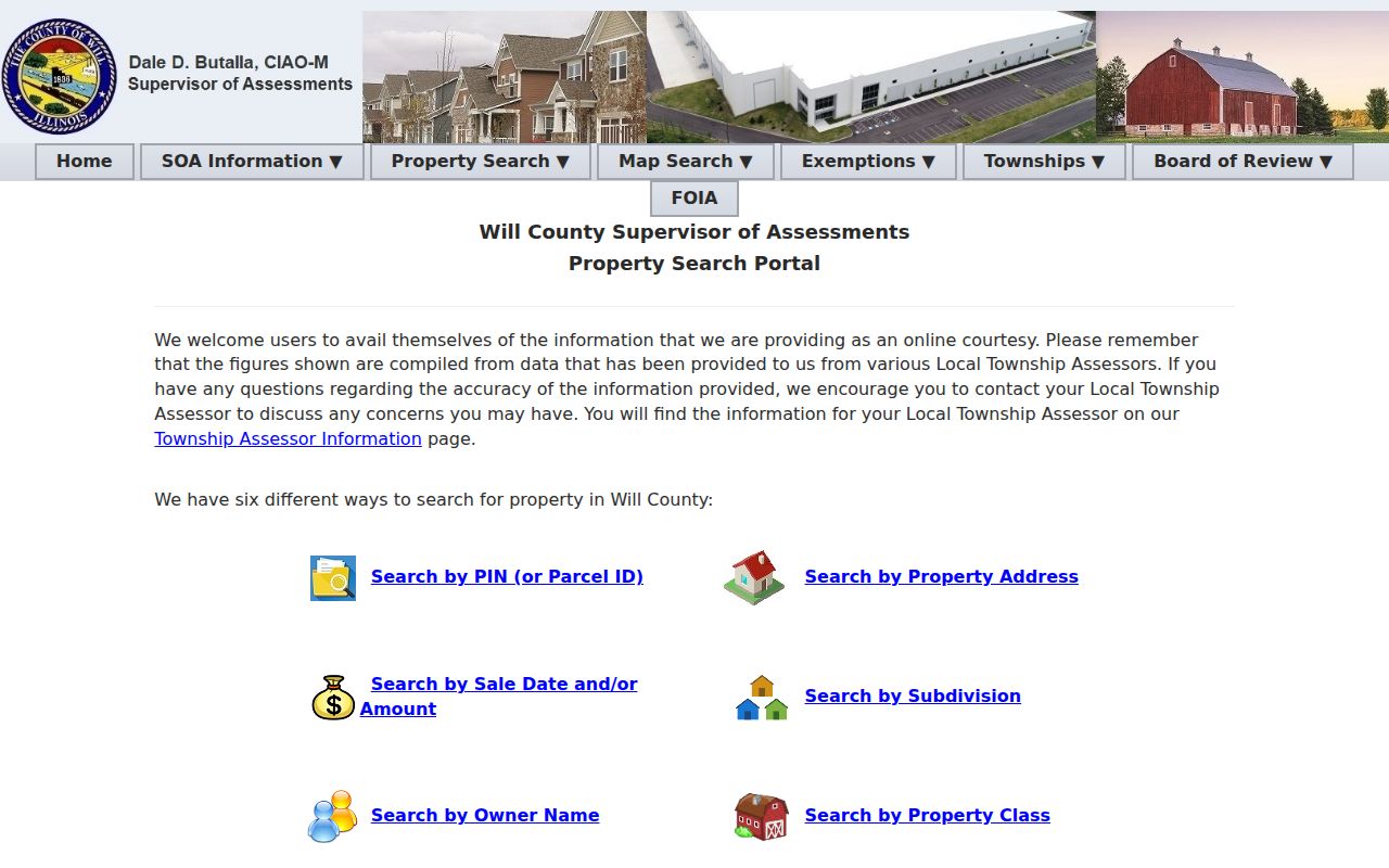 Will County property search modes for Aurora street addresses