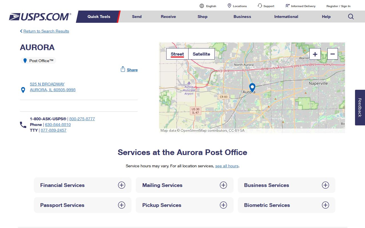 USPS details for the Aurora Post Office on North Broadway
